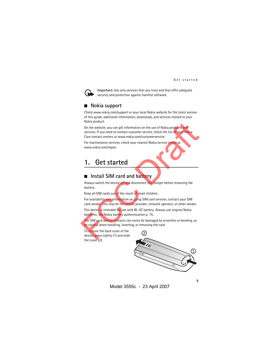 Nokia support, Get started, Install sim card and battery | Fcc draft | Nokia Cellphone 3555c User Manual | Page 9 / 86