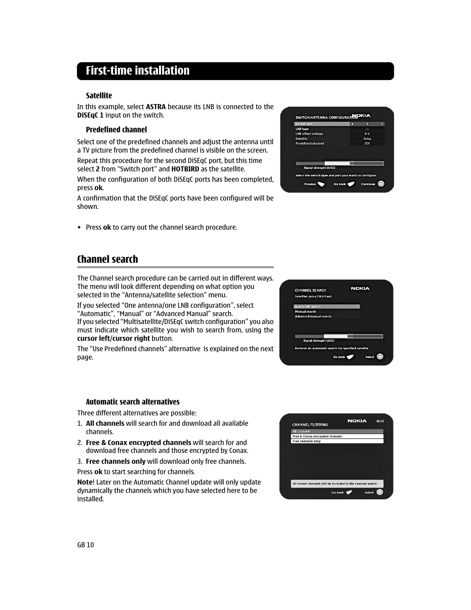 Channel search, First-time installation | Nokia MEDIAMASTER 110S User Manual | Page 10 / 20