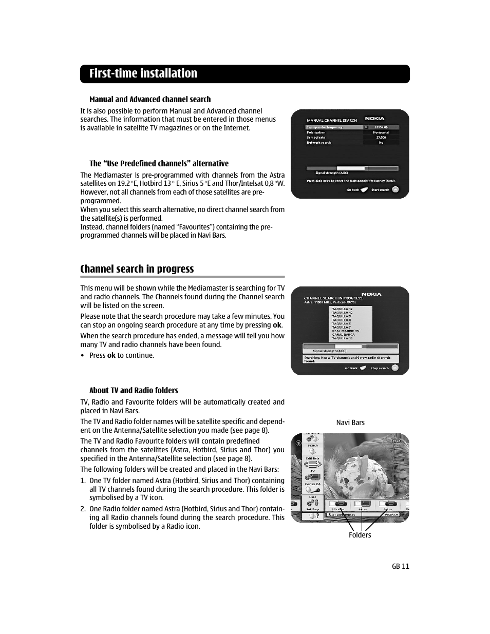 Channel search in progress, First-time installation | Nokia MEDIAMASTER 110S User Manual | Page 11 / 20