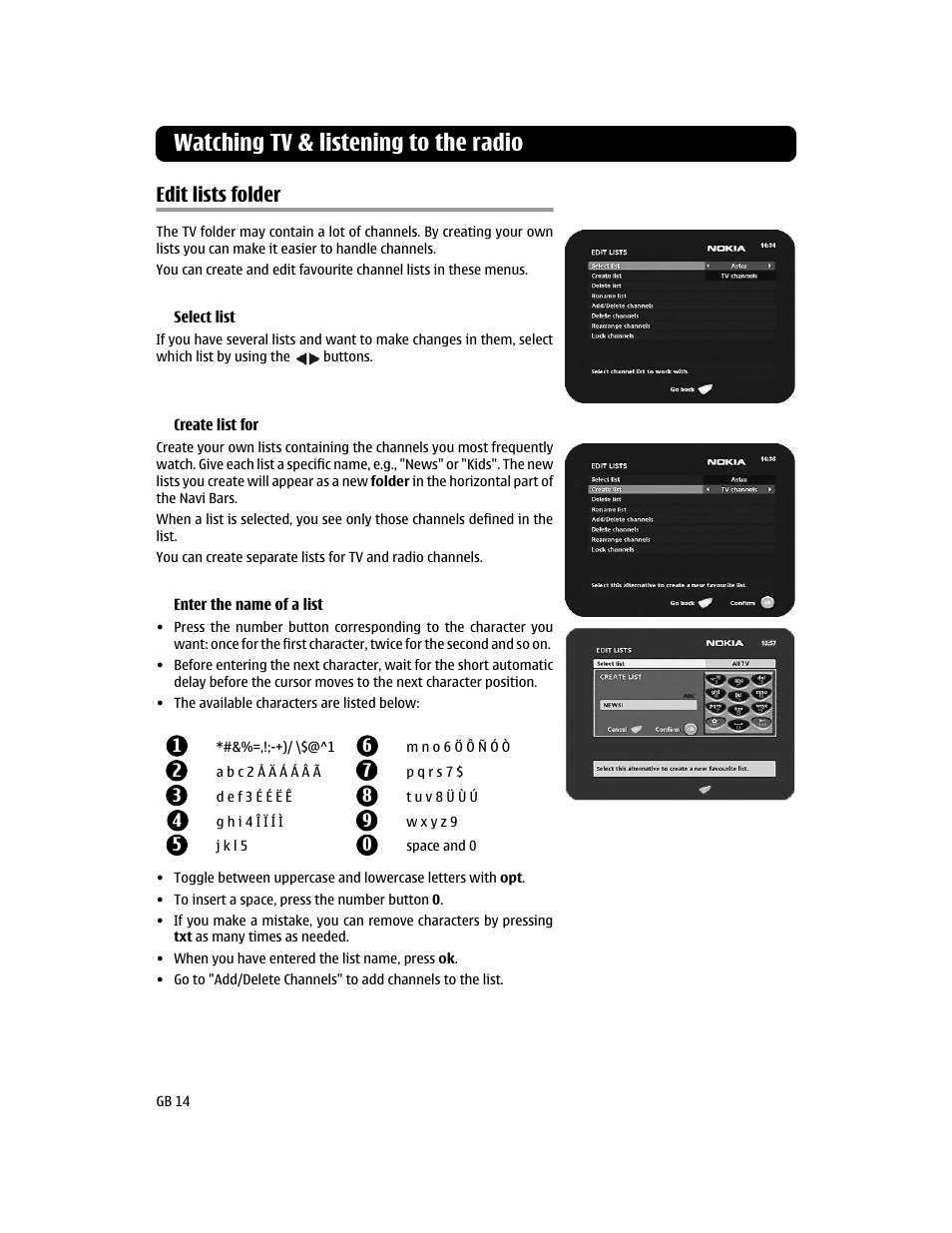 Edit lists folder, Watching tv & listening to the radio | Nokia MEDIAMASTER 110S User Manual | Page 14 / 20