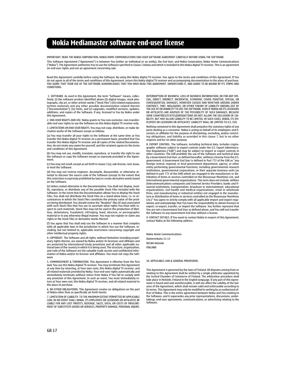Nokia mediamaster software end-user license, Gb 17 | Nokia MEDIAMASTER 110S User Manual | Page 17 / 20