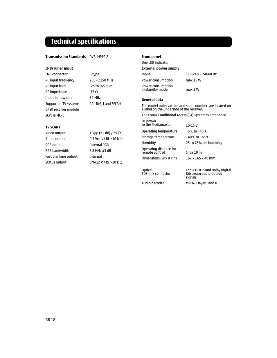 Technical specifications | Nokia MEDIAMASTER 110S User Manual | Page 18 / 20