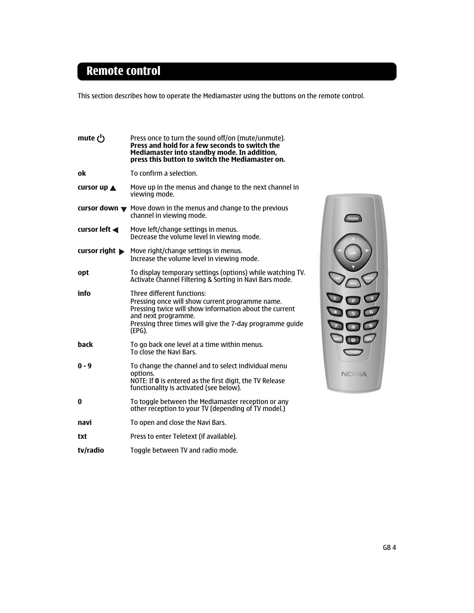 Remote control | Nokia MEDIAMASTER 110S User Manual | Page 4 / 20