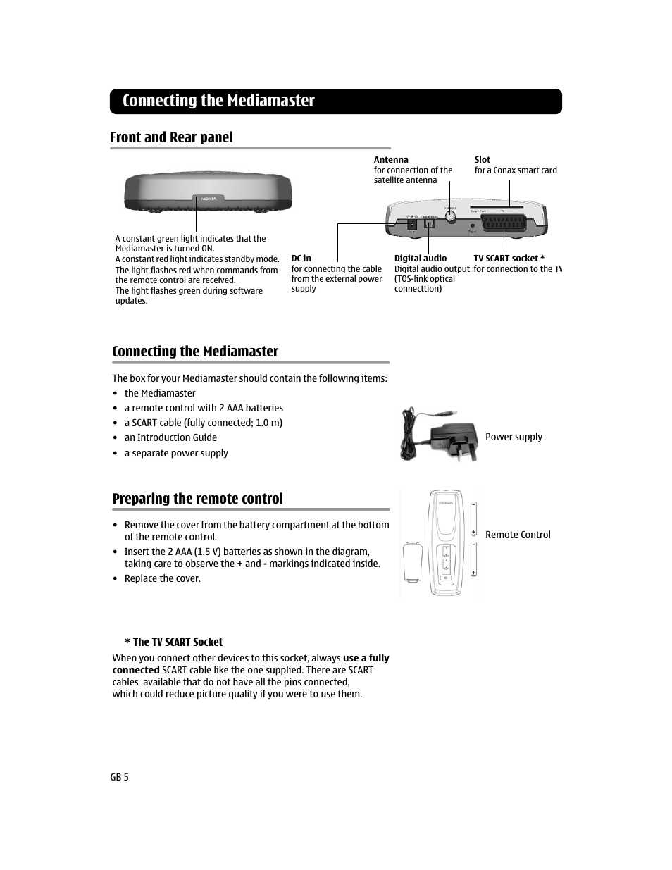 Connecting the mediamaster, Front and rear panel, Preparing the remote control | Nokia MEDIAMASTER 110S User Manual | Page 5 / 20