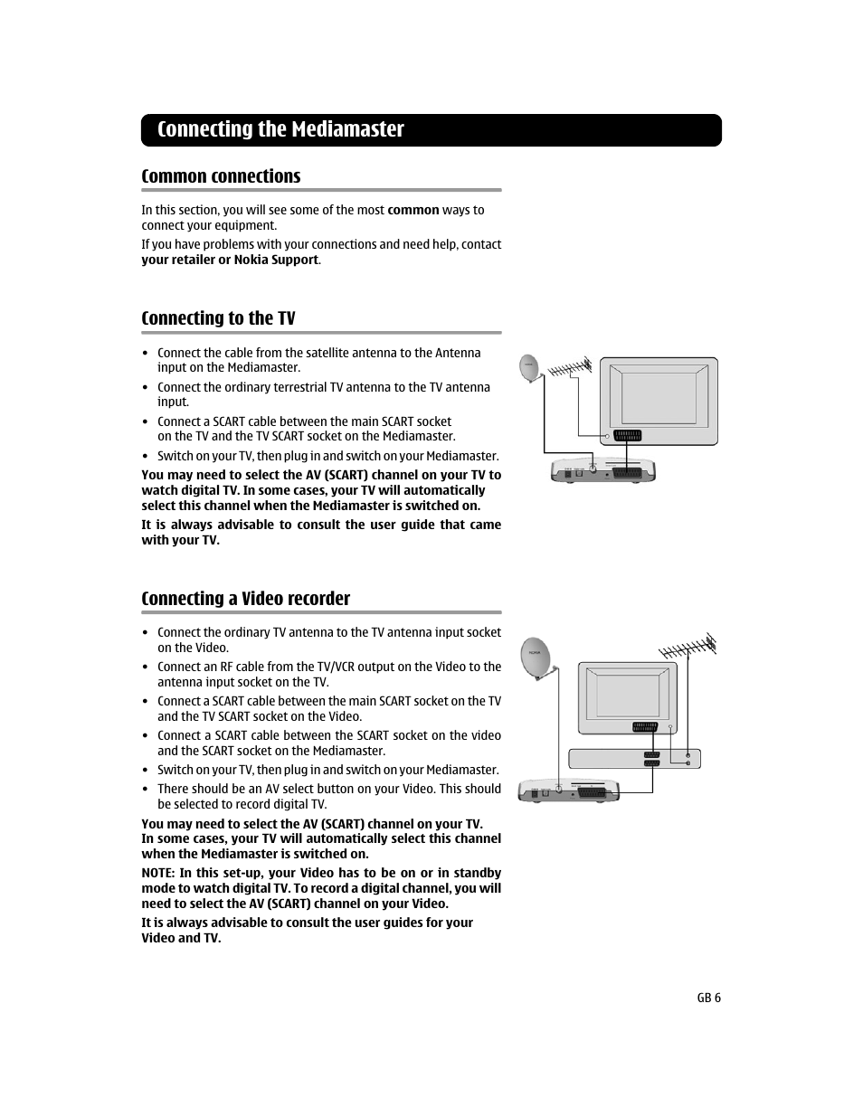 Common connections, Connecting to the tv, Connecting a video recorder | Connecting the mediamaster | Nokia MEDIAMASTER 110S User Manual | Page 6 / 20