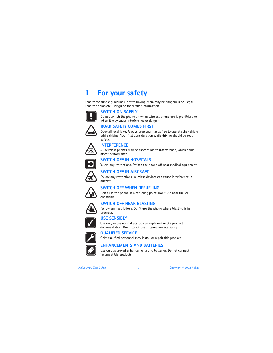 1 for your safety, For your safety, 1for your safety | Nokia 3100b User Manual | Page 10 / 129