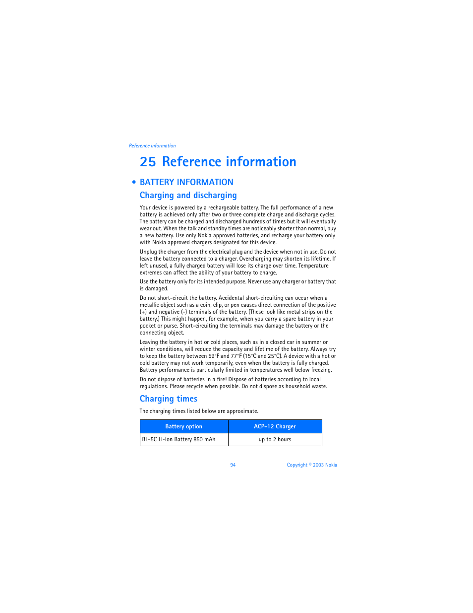 25 reference information, Battery information, Reference information | Battery information charging and discharging, Charging times | Nokia 3100b User Manual | Page 101 / 129