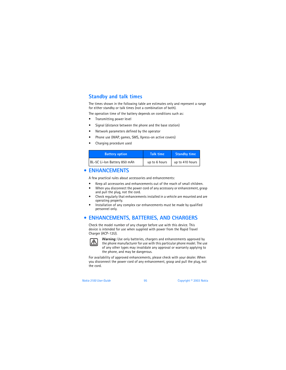 Enhancements, Enhancements, batteries, and chargers, Enhancements enhancements, batteries, and chargers | Standby and talk times | Nokia 3100b User Manual | Page 102 / 129