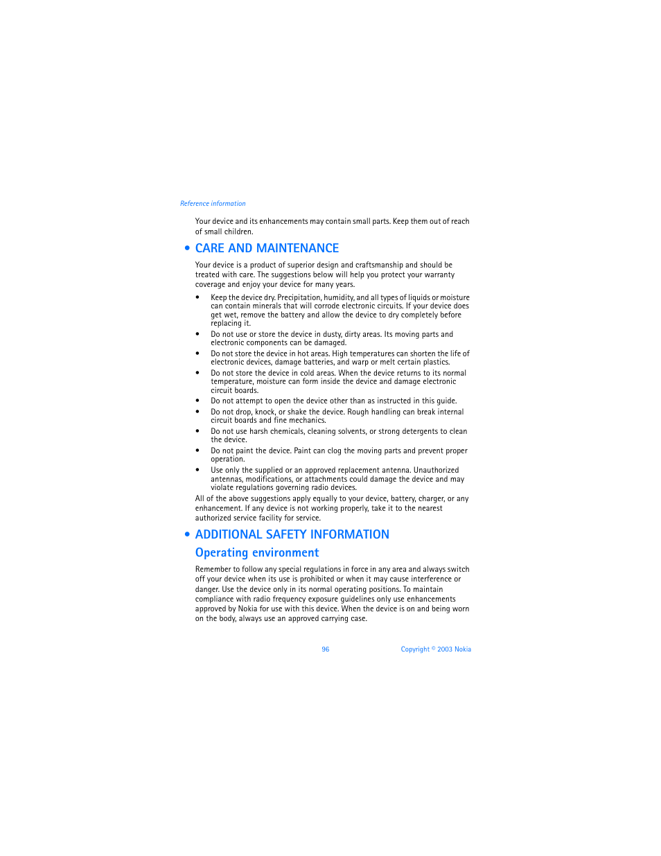 Care and maintenance, Additional safety information | Nokia 3100b User Manual | Page 103 / 129
