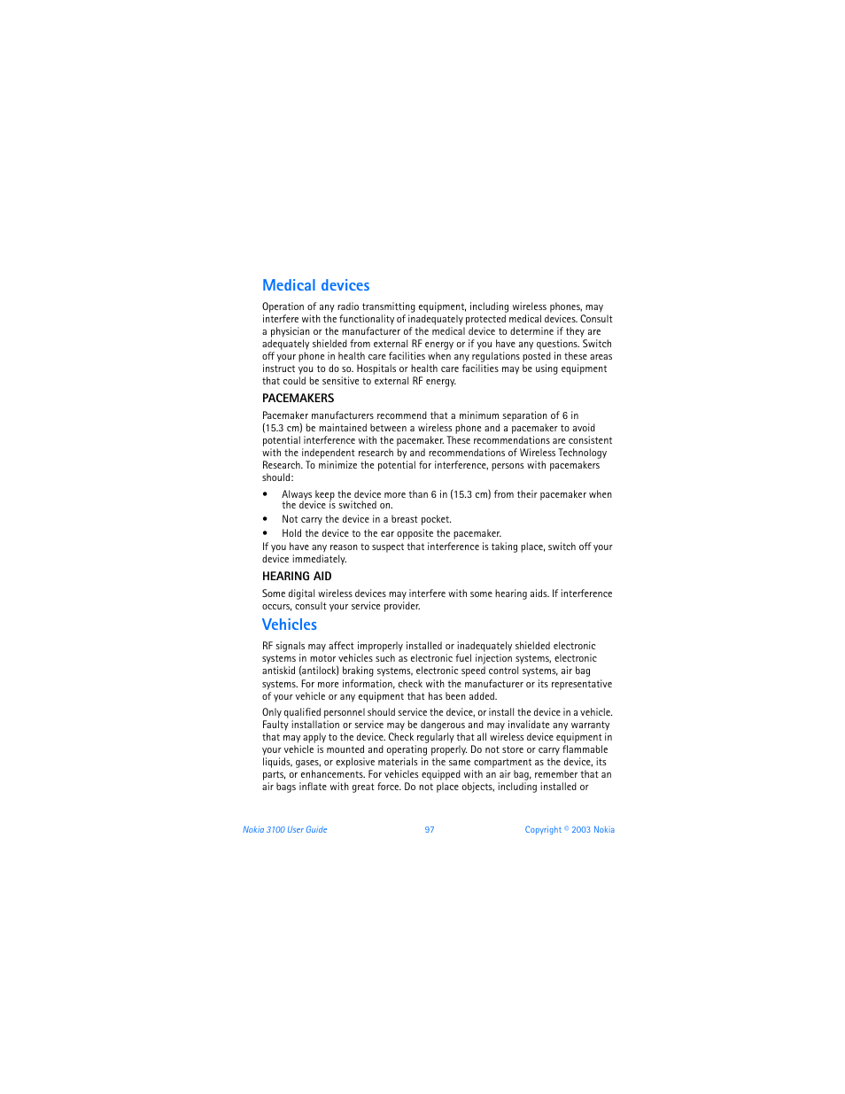 Medical devices, Vehicles | Nokia 3100b User Manual | Page 104 / 129