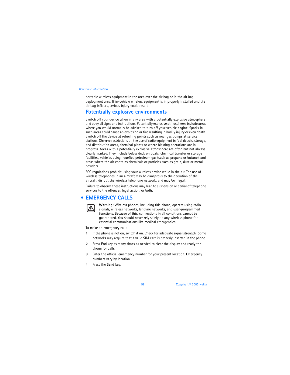 Emergency calls, Potentially explosive environments | Nokia 3100b User Manual | Page 105 / 129