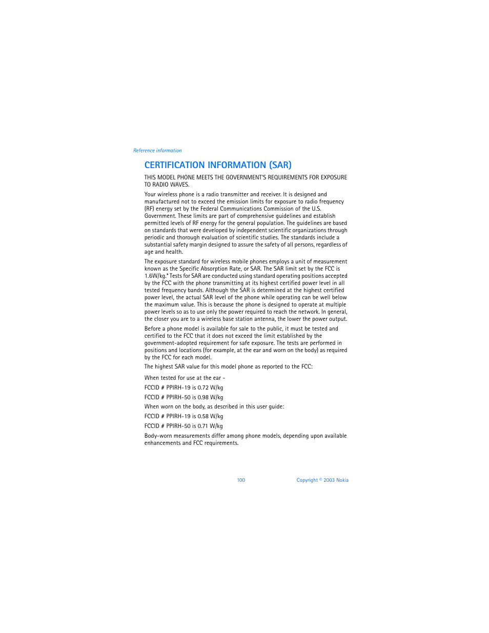 Certification information (sar) | Nokia 3100b User Manual | Page 107 / 129