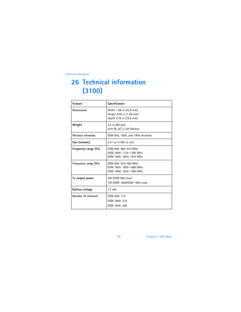 26 technical information, Technical information | Nokia 3100b User Manual | Page 109 / 129