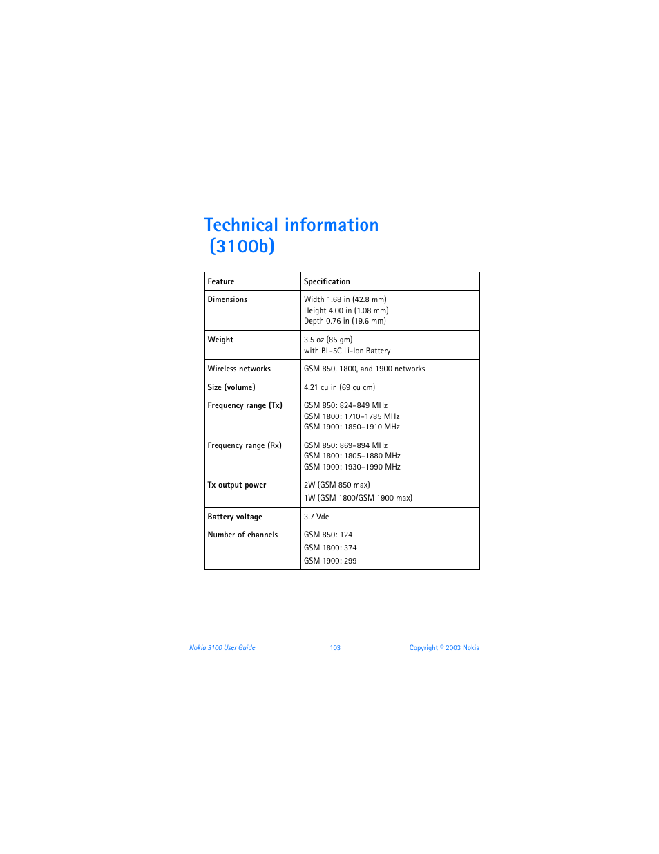 Technical information (3100b) | Nokia 3100b User Manual | Page 110 / 129