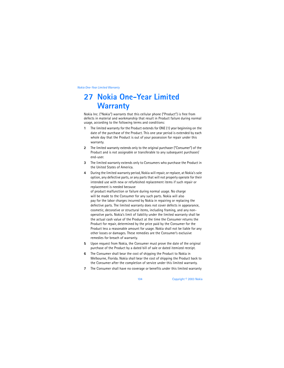 27 nokia one-year limited warranty, Nokia one-year limited war- ranty | Nokia 3100b User Manual | Page 111 / 129