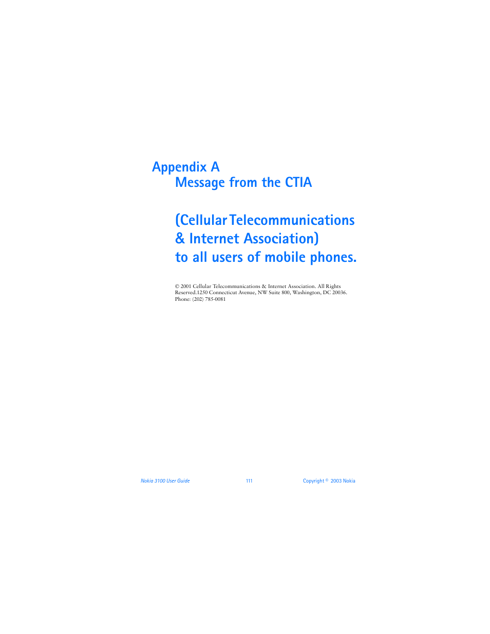 Appendix a message from the ctia | Nokia 3100b User Manual | Page 118 / 129