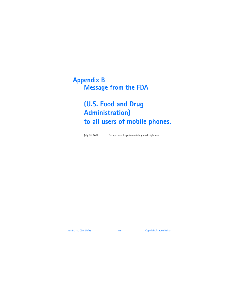 Appendix b message from the fda | Nokia 3100b User Manual | Page 122 / 129