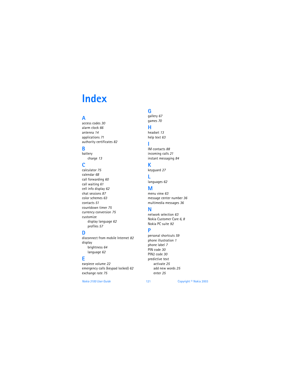 Index | Nokia 3100b User Manual | Page 128 / 129