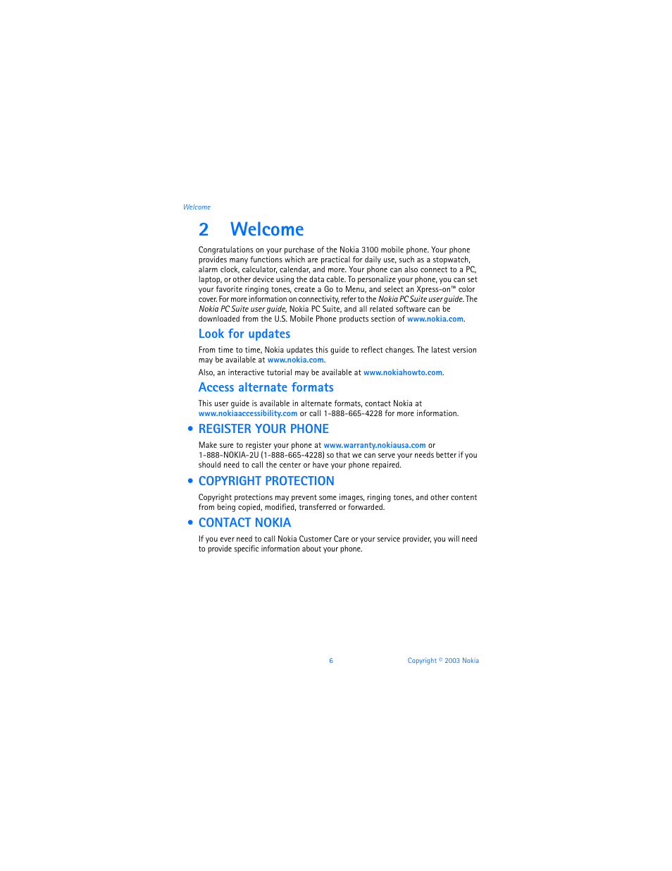 2 welcome, Register your phone, Copyright protection | Contact nokia, Welcome, 2welcome, Look for updates, Access alternate formats | Nokia 3100b User Manual | Page 13 / 129