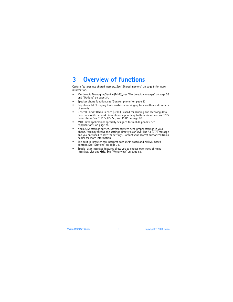3 overview of functions, Overview of functions, 3overview of functions | Nokia 3100b User Manual | Page 16 / 129