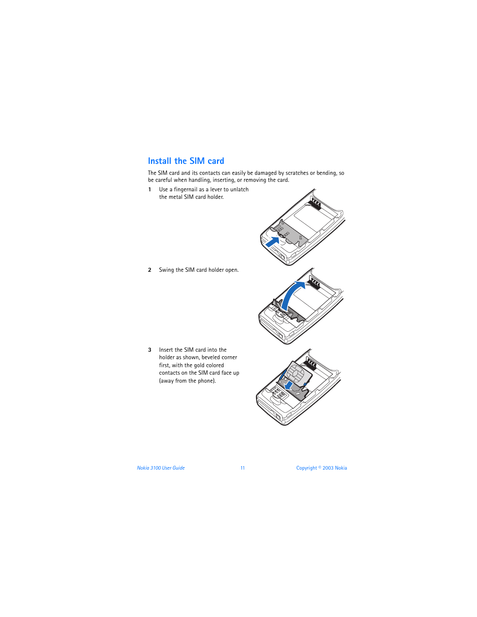 Install the sim card | Nokia 3100b User Manual | Page 18 / 129