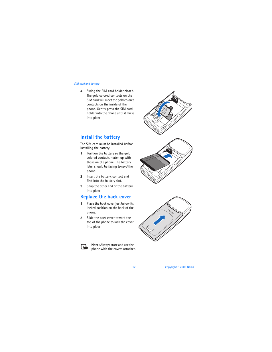 Install the battery, Replace the back cover | Nokia 3100b User Manual | Page 19 / 129
