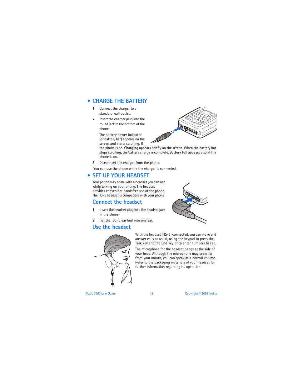 Charge the battery, Set up your headset, Charge the battery set up your headset | Connect the headset, Use the headset | Nokia 3100b User Manual | Page 20 / 129