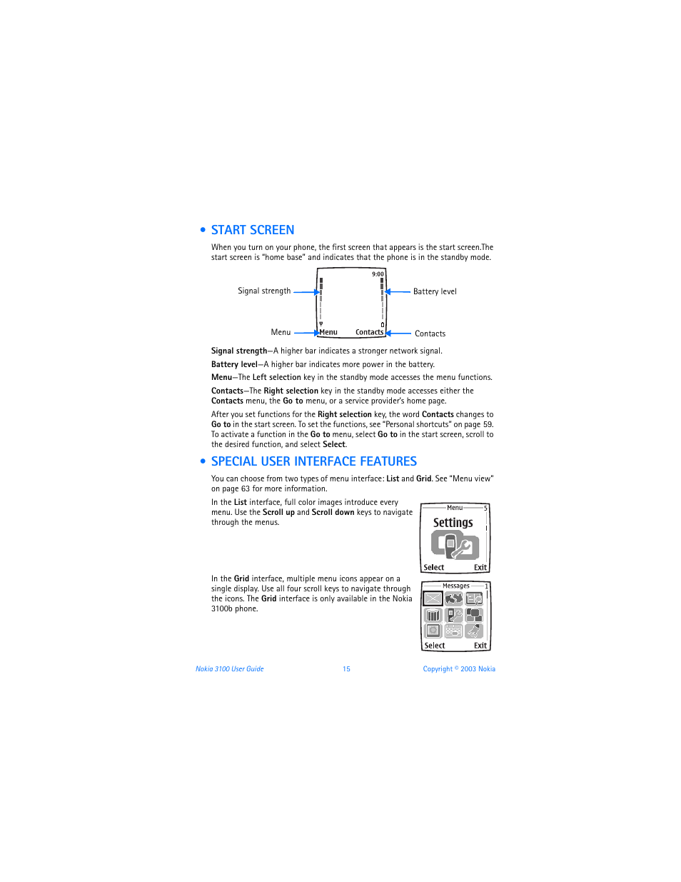 Start screen, Special user interface features, Start screen special user interface features15 | Nokia 3100b User Manual | Page 22 / 129