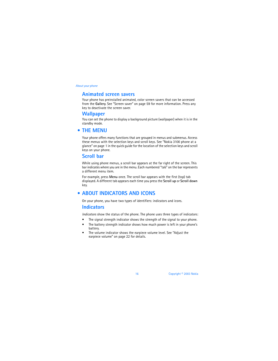 The menu, About indicators and icons, The menu about indicators and icons | Animated screen savers, Wallpaper, Scroll bar, Indicators | Nokia 3100b User Manual | Page 23 / 129