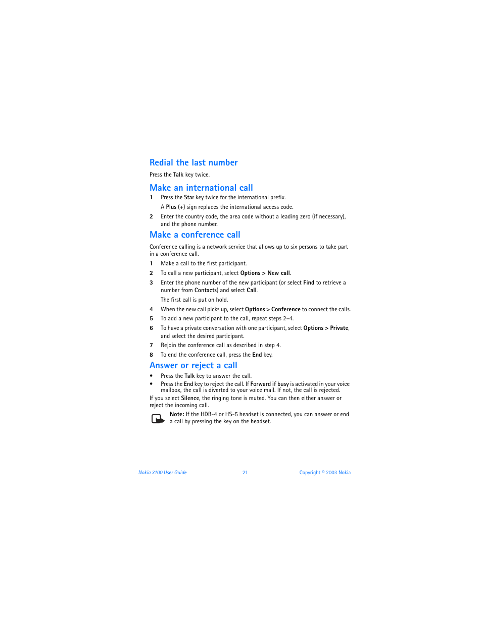 Redial the last number, Make an international call, Make a conference call | Answer or reject a call | Nokia 3100b User Manual | Page 28 / 129