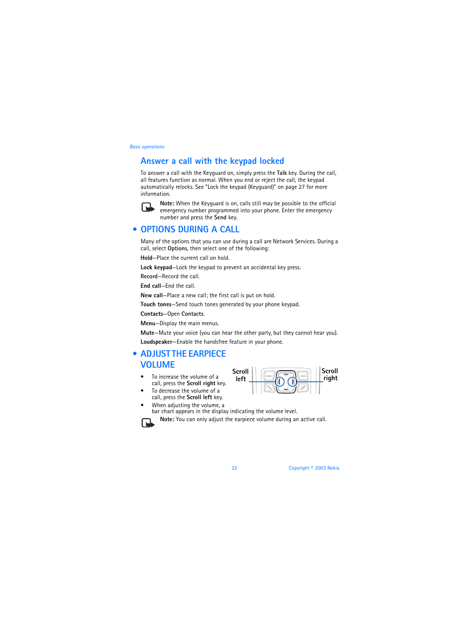 Options during a call, Adjust the earpiece volume, Options during a call adjust the earpiece volume | Answer a call with the keypad locked | Nokia 3100b User Manual | Page 29 / 129