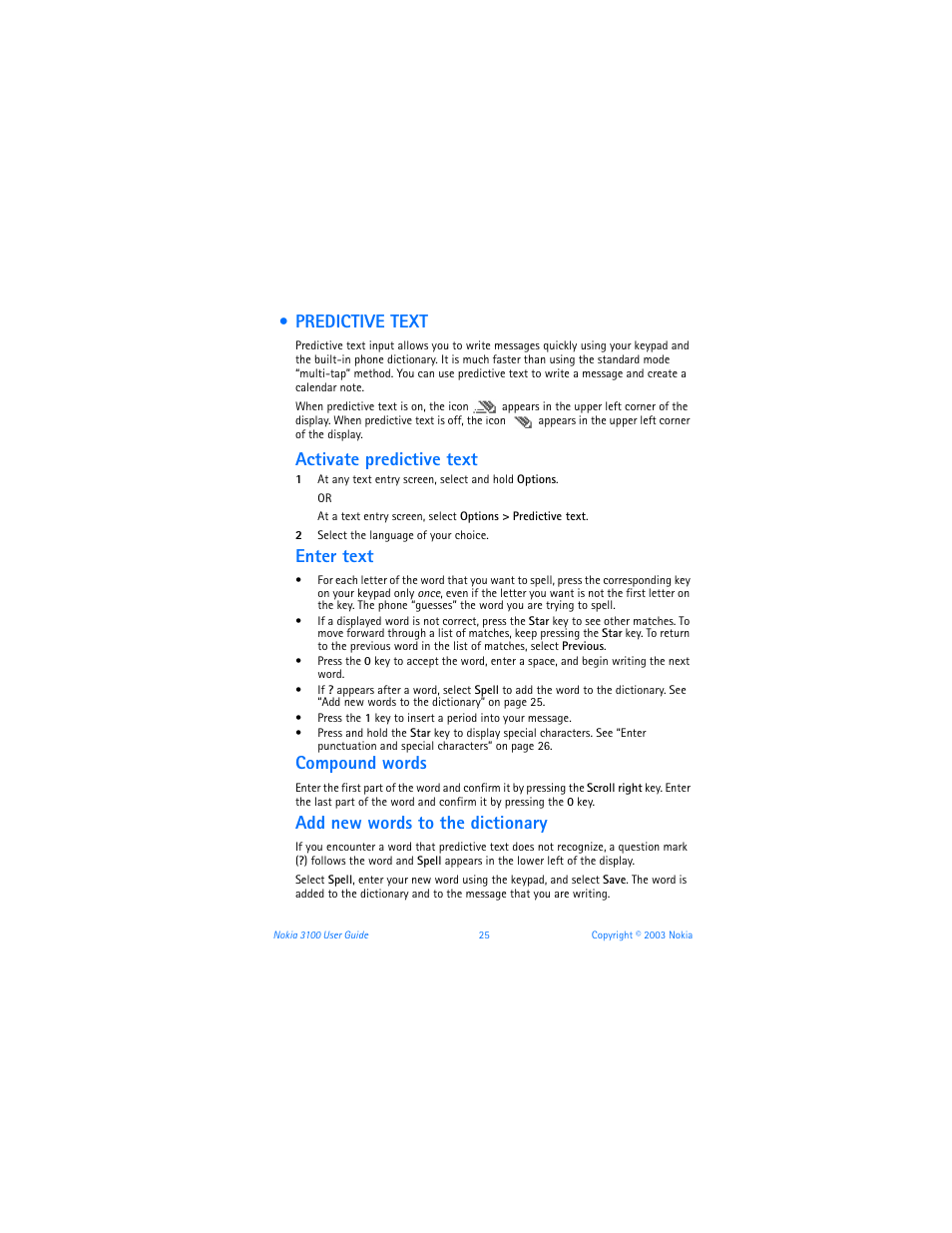 Predictive text, Activate predictive text, Enter text | Compound words, Add new words to the dictionary | Nokia 3100b User Manual | Page 32 / 129