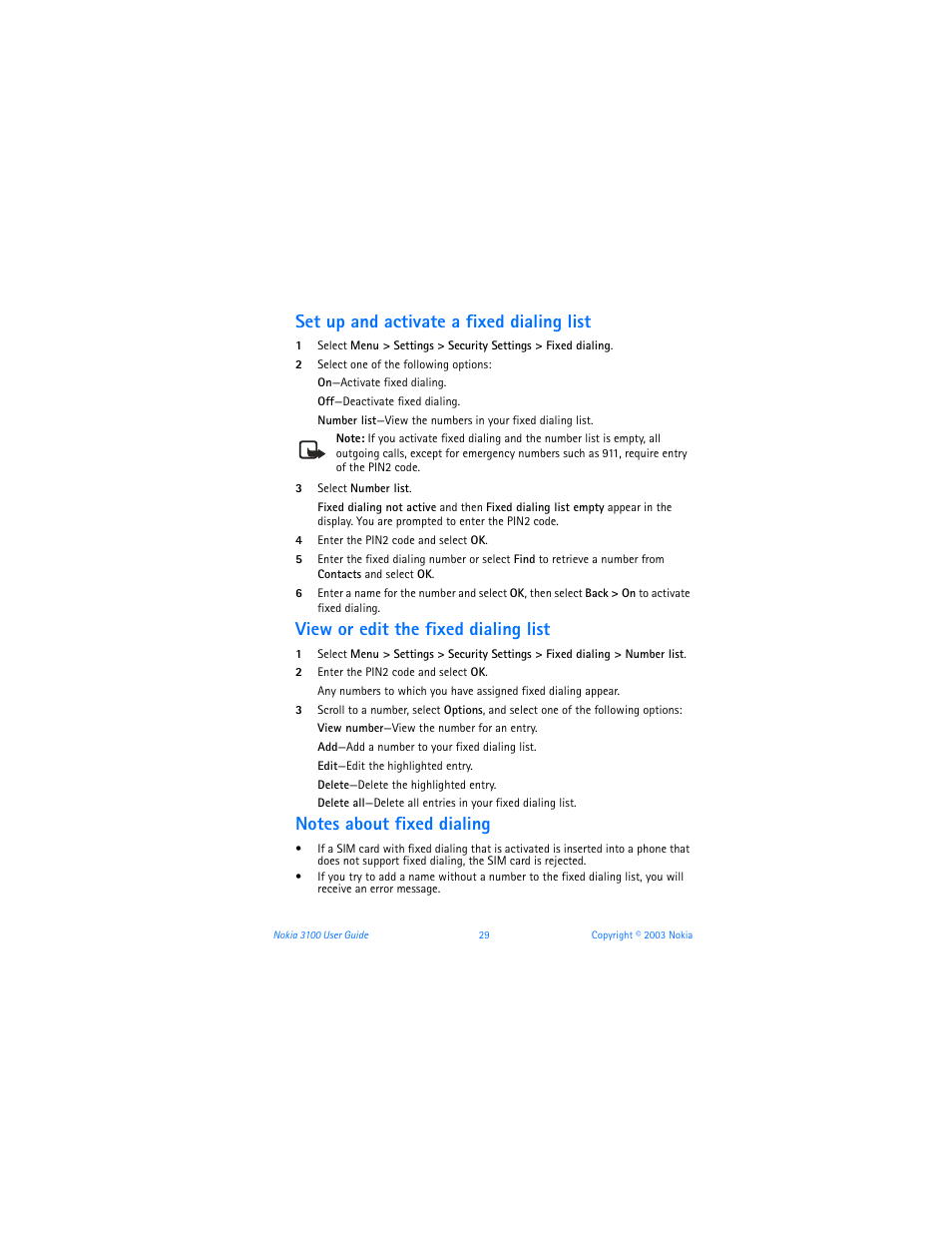 Set up and activate a fixed dialing list, View or edit the fixed dialing list | Nokia 3100b User Manual | Page 36 / 129
