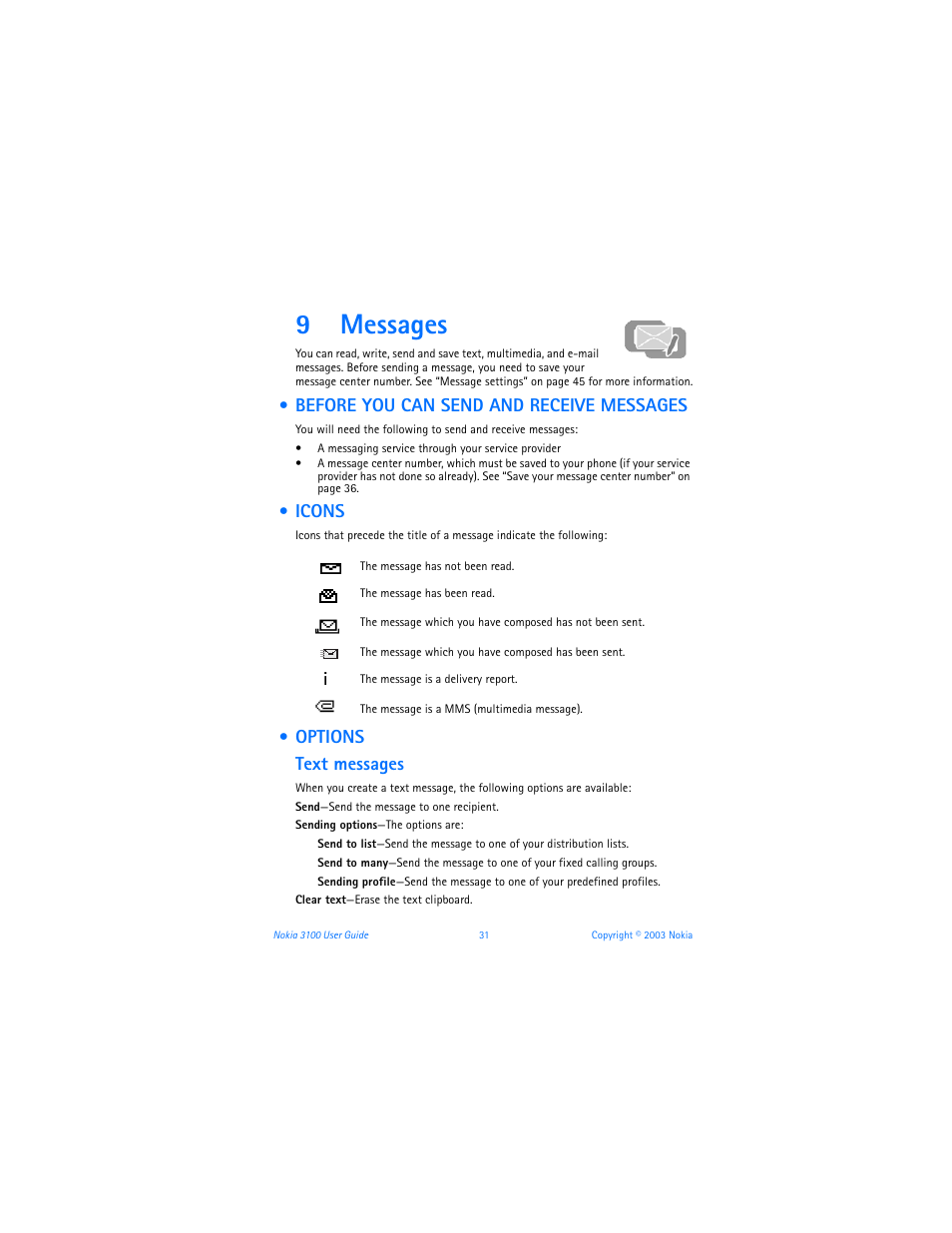 9 messages, Before you can send and receive messages, Icons | Options, Messages, 9messages, Options text messages | Nokia 3100b User Manual | Page 38 / 129