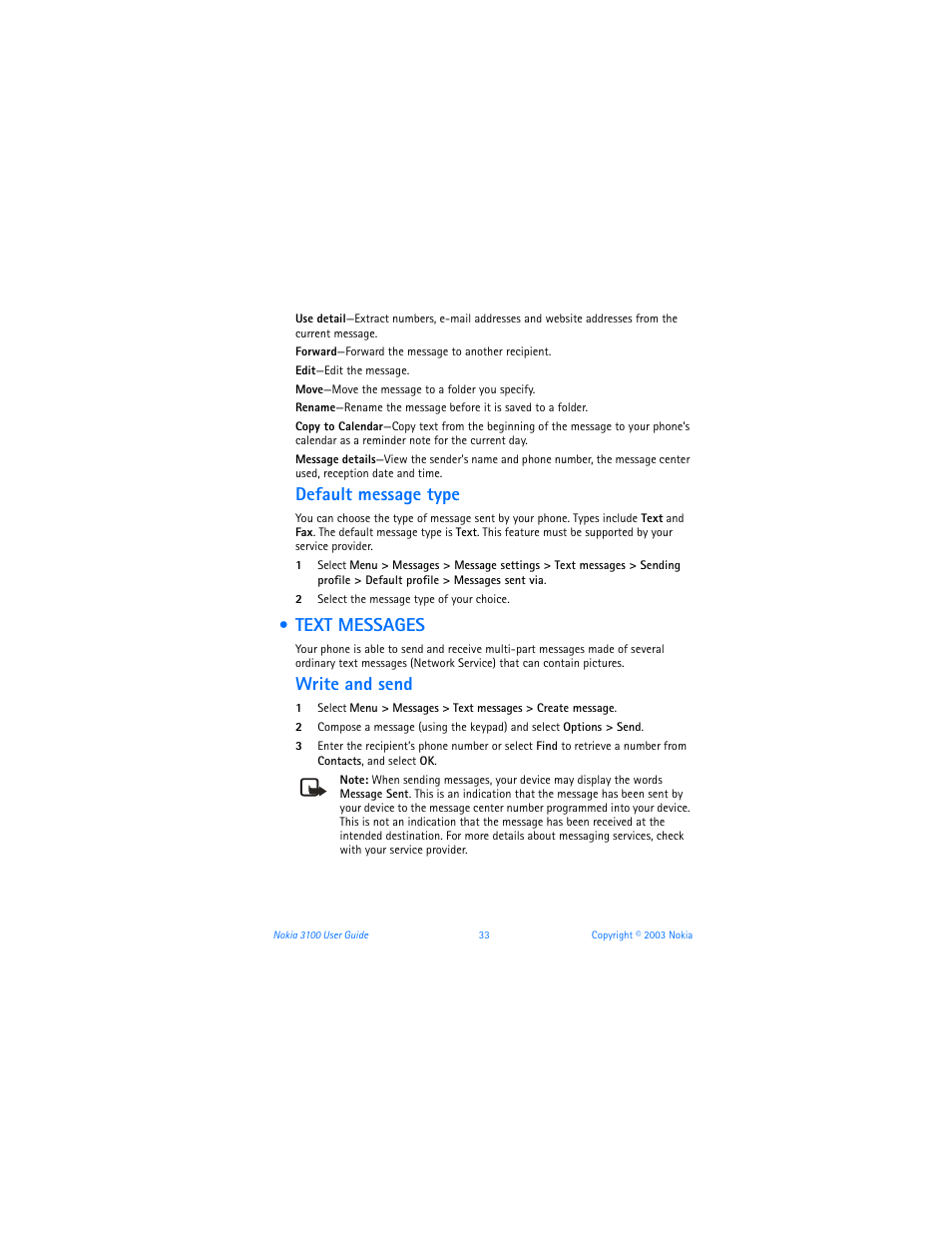 Text messages, Default message type, Write and send | Nokia 3100b User Manual | Page 40 / 129