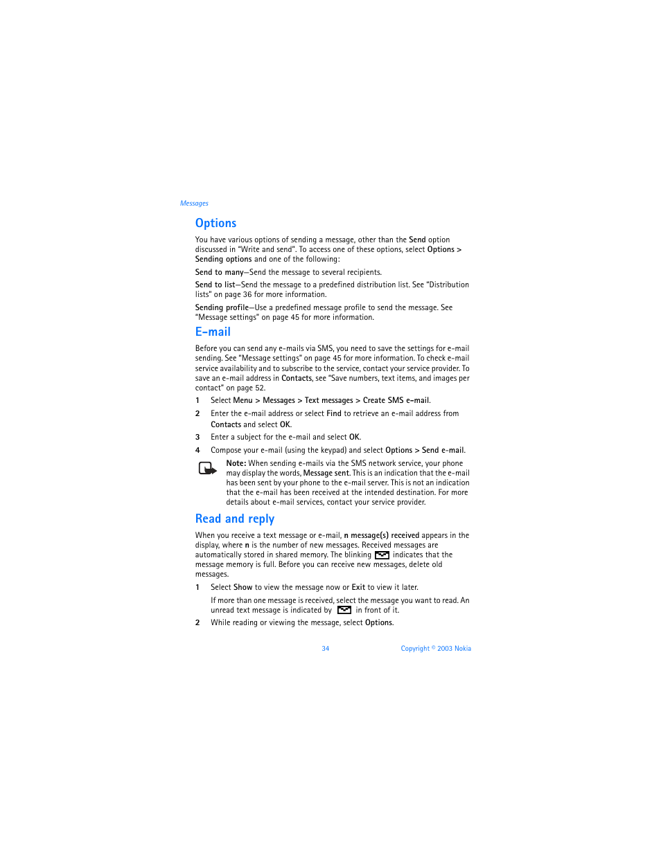 Options, E-mail, Read and reply | Nokia 3100b User Manual | Page 41 / 129
