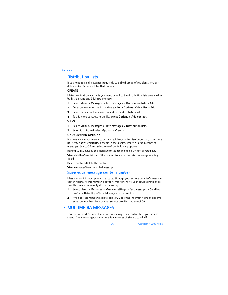 Multimedia messages, Distribution lists, Save your message center number | Nokia 3100b User Manual | Page 43 / 129