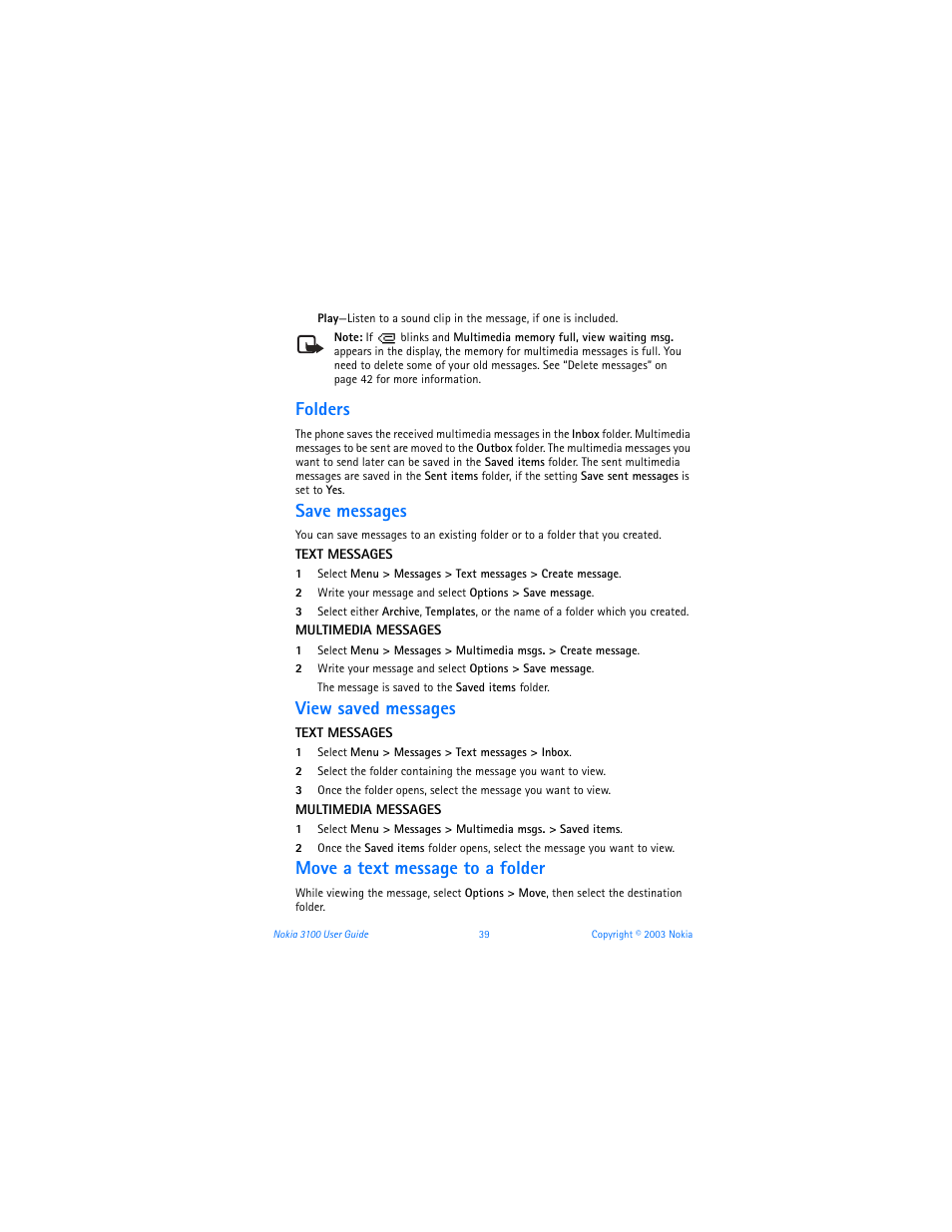 Folders, Save messages, View saved messages | Move a text message to a folder | Nokia 3100b User Manual | Page 46 / 129
