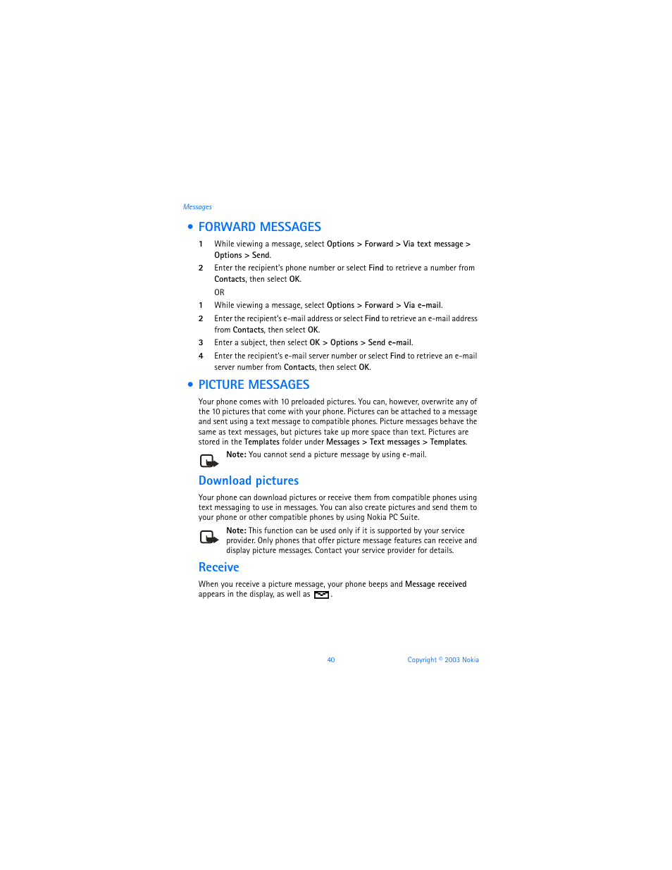 Forward messages, Picture messages, Forward messages picture messages | Download pictures, Receive | Nokia 3100b User Manual | Page 47 / 129