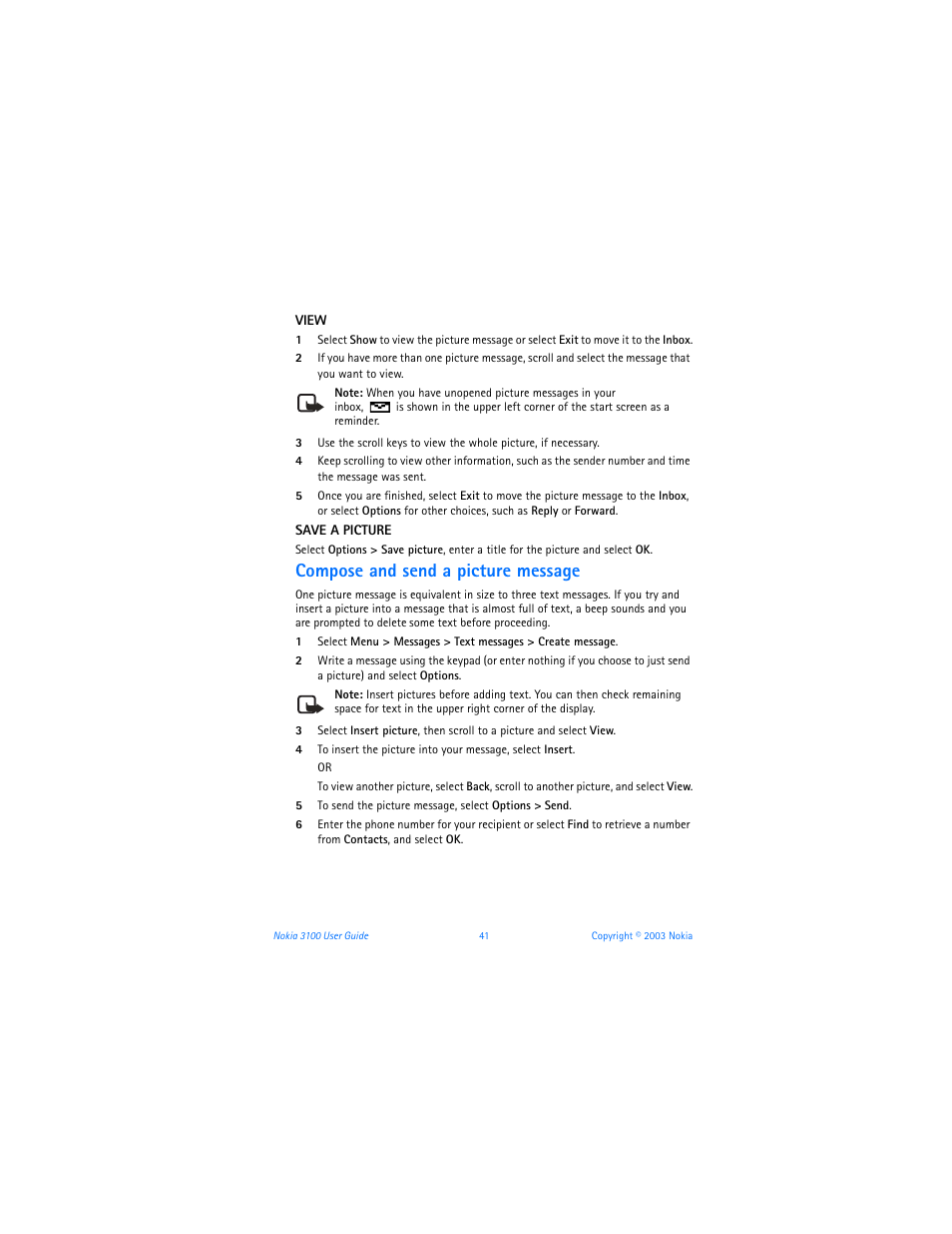 Compose and send a picture message | Nokia 3100b User Manual | Page 48 / 129
