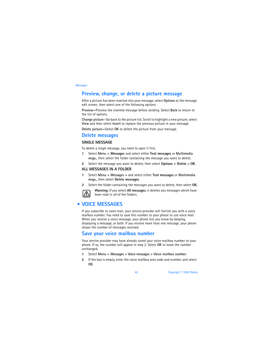 Voice messages, Preview, change, or delete a picture message, Delete messages | Save your voice mailbox number | Nokia 3100b User Manual | Page 49 / 129