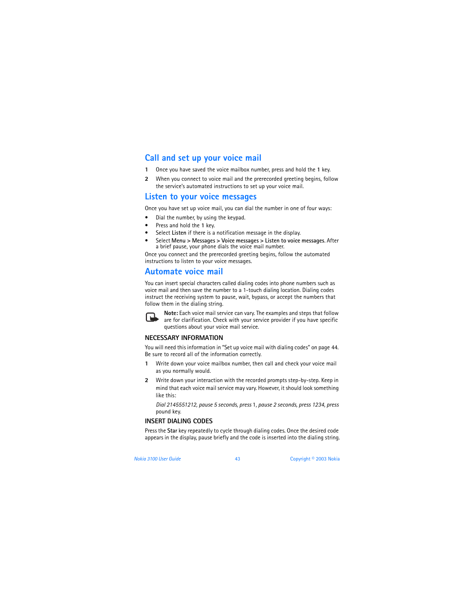 Call and set up your voice mail, Listen to your voice messages, Automate voice mail | Nokia 3100b User Manual | Page 50 / 129
