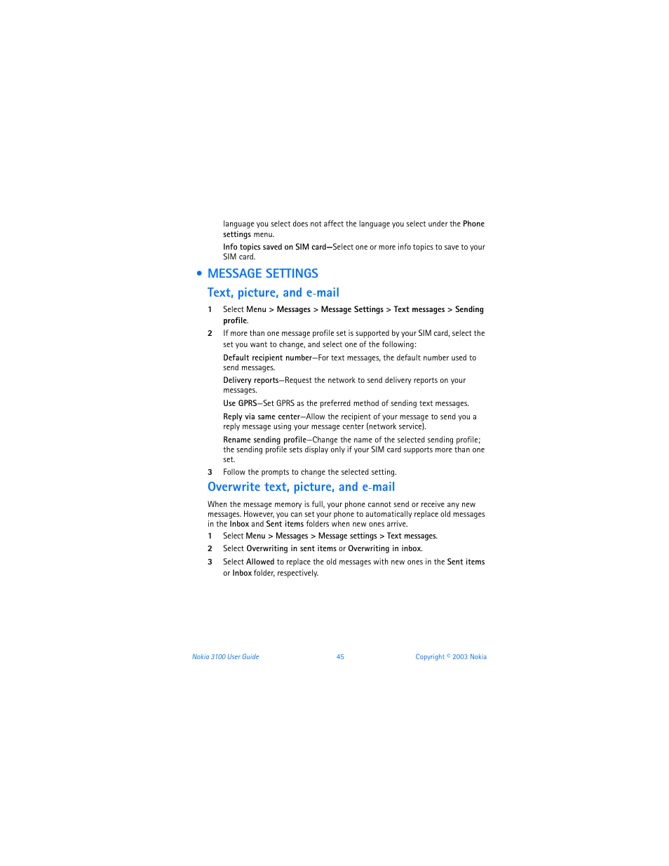 Message settings, Message settings text, picture, and e, Mail | Overwrite text, picture, and e | Nokia 3100b User Manual | Page 52 / 129