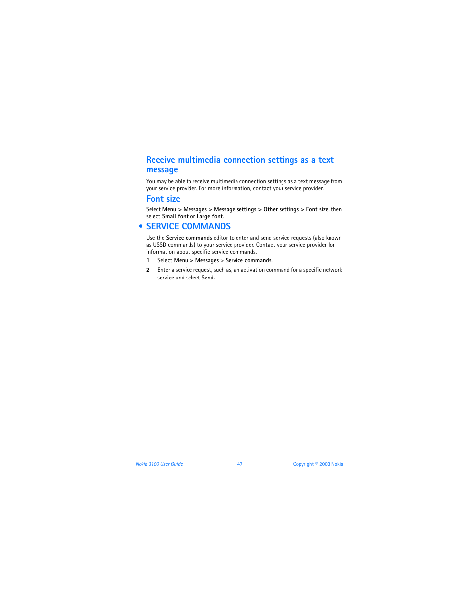 Service commands, Font size | Nokia 3100b User Manual | Page 54 / 129
