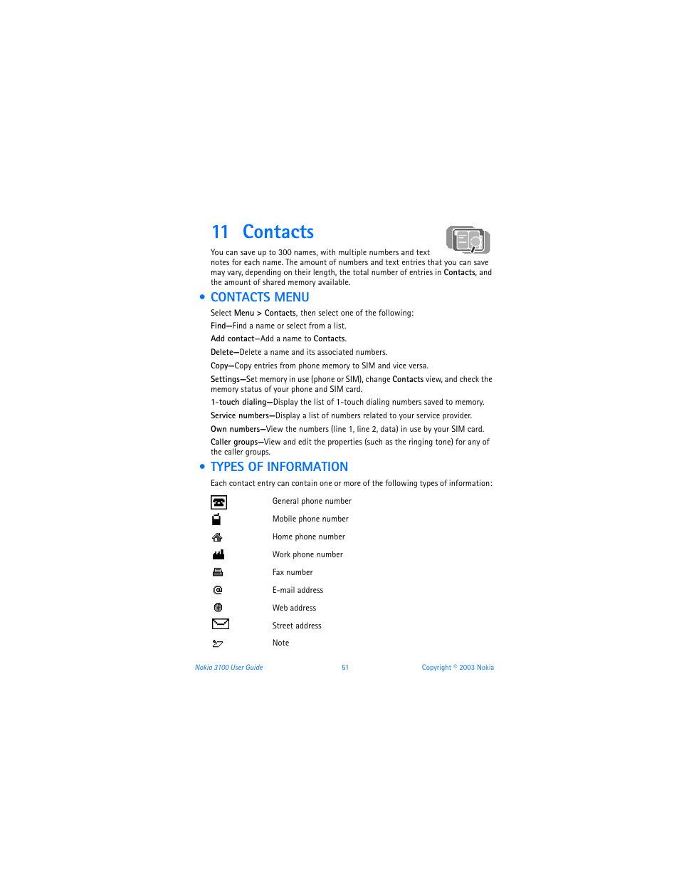 11 contacts, Contacts menu, Types of information | Contacts, Contacts menu types of information | Nokia 3100b User Manual | Page 58 / 129