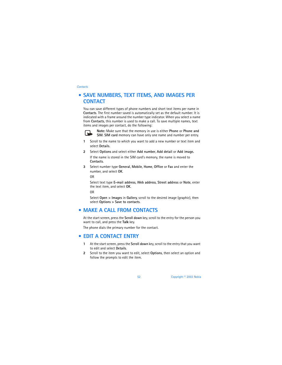 Save numbers, text items, and images per contact, Make a call from contacts, Edit a contact entry | Nokia 3100b User Manual | Page 59 / 129