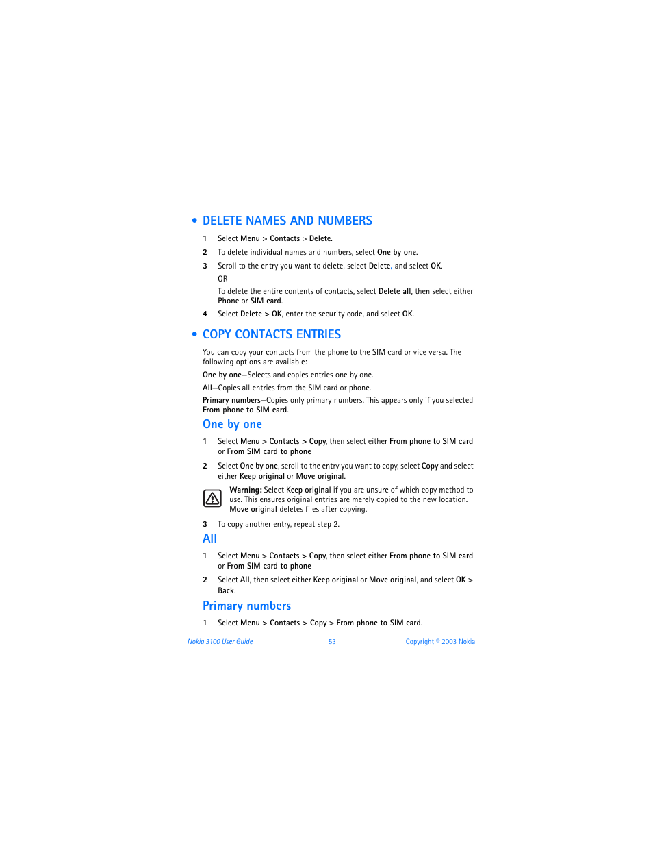 Delete names and numbers, Copy contacts entries, Delete names and numbers copy contacts entries | One by one, Primary numbers | Nokia 3100b User Manual | Page 60 / 129