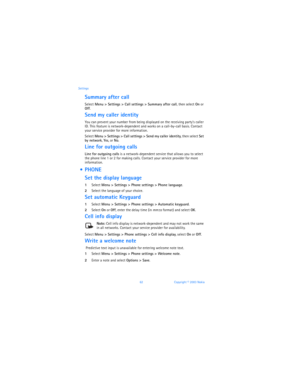 Phone, Summary after call, Send my caller identity | Line for outgoing calls, Phone set the display language, Set automatic keyguard, Cell info display | Nokia 3100b User Manual | Page 69 / 129