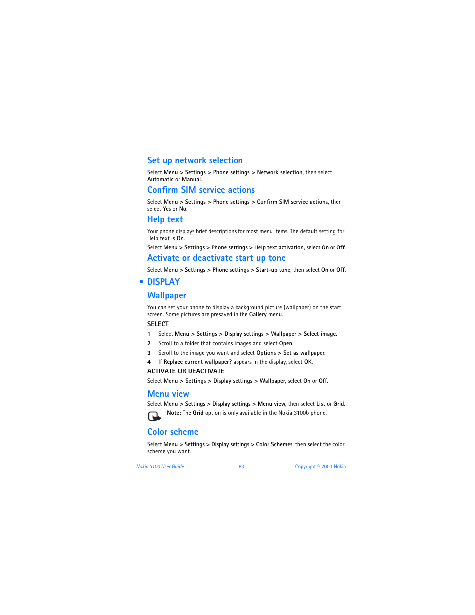 Display, Set up network selection, Confirm sim service actions | Help text, Activate or deactivate start, Up tone, Display wallpaper, Menu view, Color scheme | Nokia 3100b User Manual | Page 70 / 129
