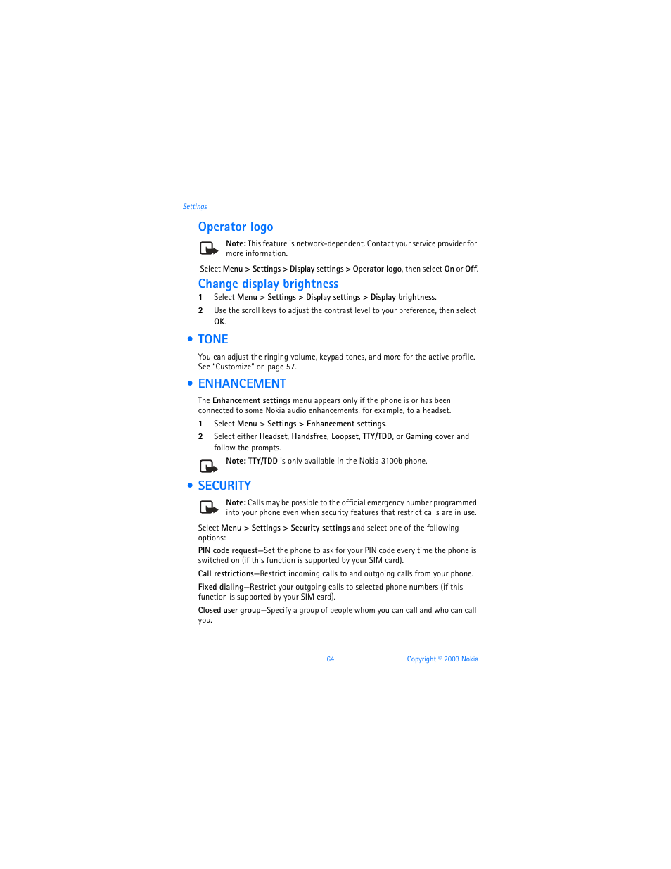 Tone, Enhancement, Security | Tone enhancement security, Operator logo, Change display brightness | Nokia 3100b User Manual | Page 71 / 129